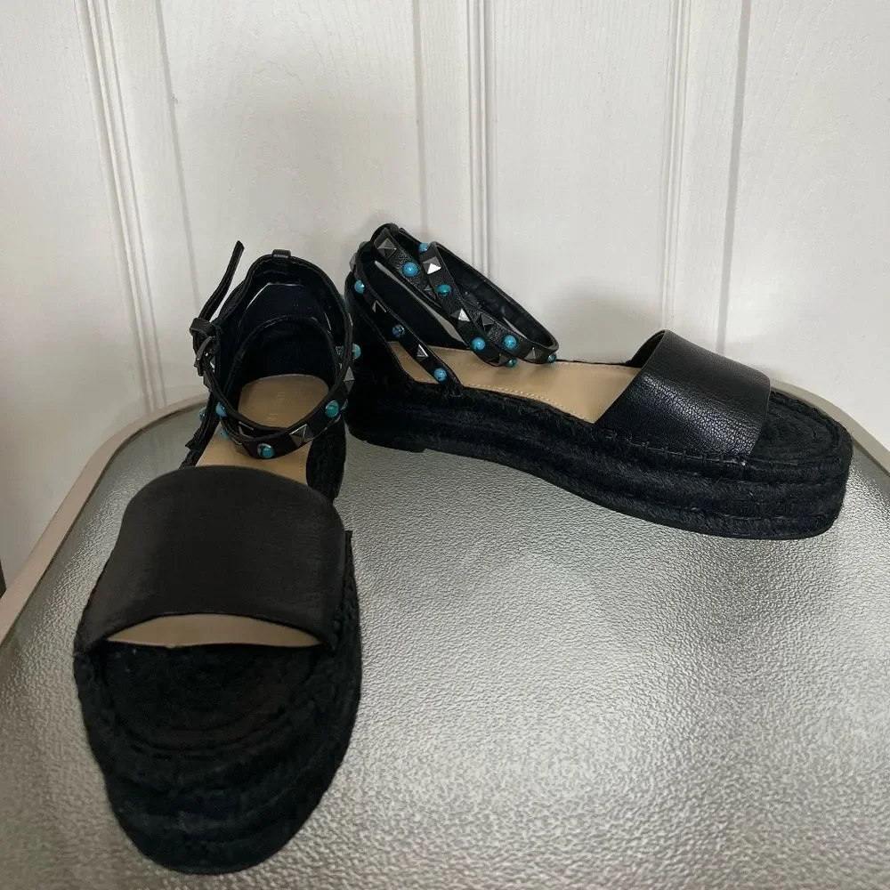 Marc Fisher NWOB Vajen Espadrille Leather Sandals In Black Size 7